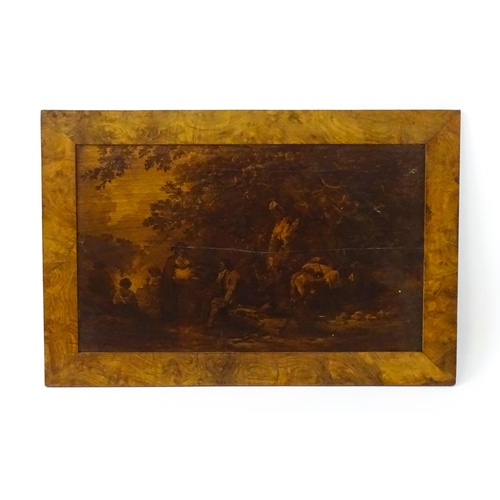 1324 - An unusual early 20thC sepia image on wood panel after George Morland, depicting a bucolic rural sce... 