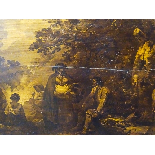 1324 - An unusual early 20thC sepia image on wood panel after George Morland, depicting a bucolic rural sce... 