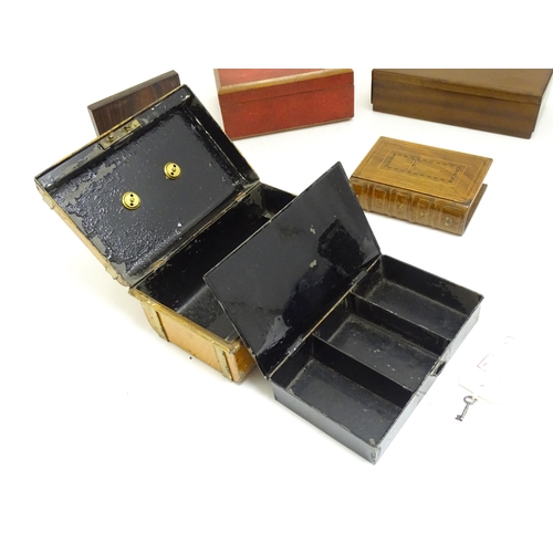 1332 - A quantity of assorted late 19thC and later boxes to include a strong box with painted decoration, a... 