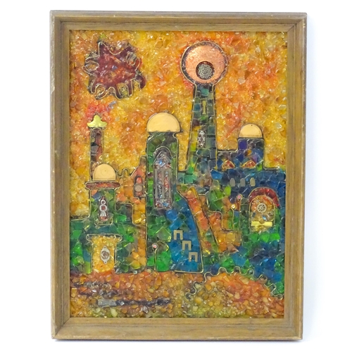 1334 - A 20thC mixed media mosaic picture depicting a stylised orthodox building. Approx. 15 1/4