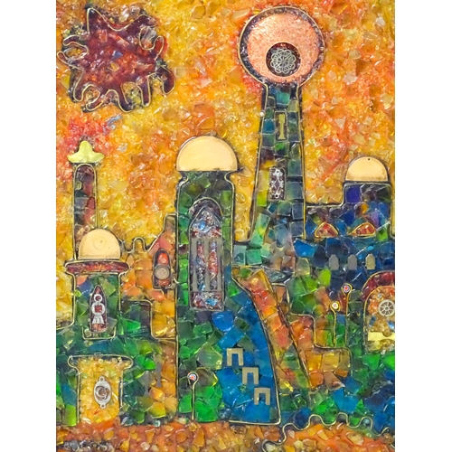 1334 - A 20thC mixed media mosaic picture depicting a stylised orthodox building. Approx. 15 1/4