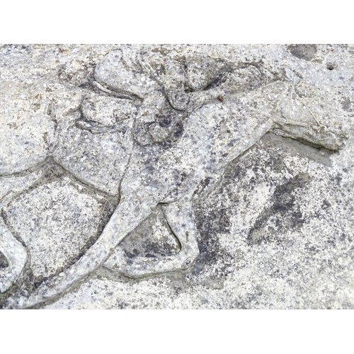 1338 - An early 20thC composite stone tableau with relief decoration depicting horse and jockey. Approx. 12... 