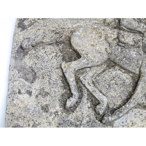 1338 - An early 20thC composite stone tableau with relief decoration depicting horse and jockey. Approx. 12... 