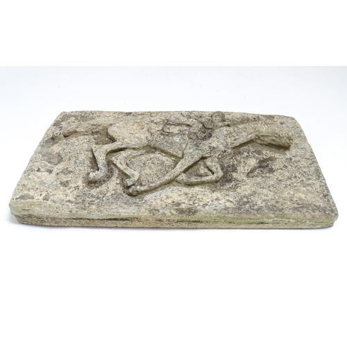 1338 - An early 20thC composite stone tableau with relief decoration depicting horse and jockey. Approx. 12... 