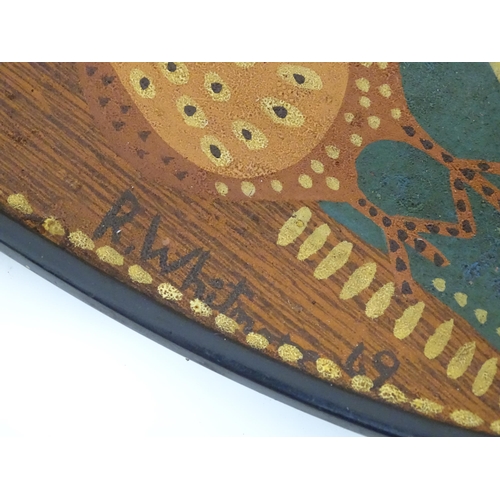 1339 - A mid century / vintage / retro tray of oval form with painted decoration depicting stylised still l... 