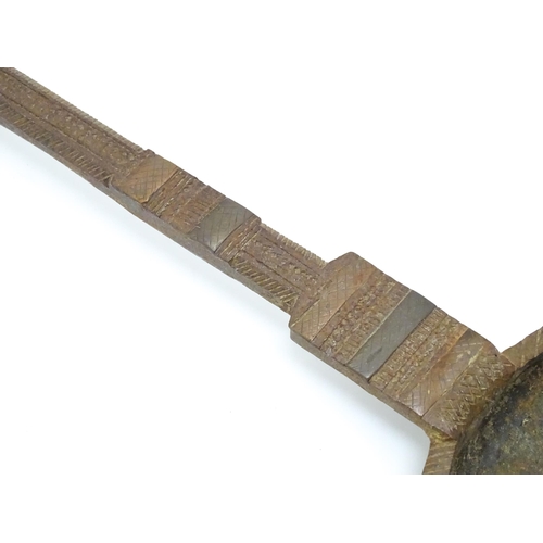 1347 - A blacksmith made wrought ladle  / long handled spoon with incised and punch detail.  Approx 35