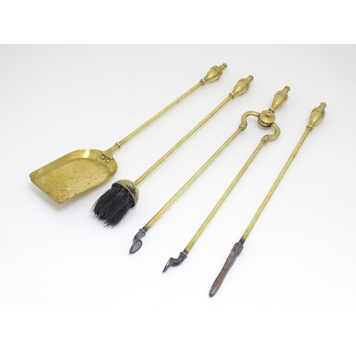 1368 - Victorian brass fire tools comprising tongs, poker, brush and shovel. The shovel approx 21