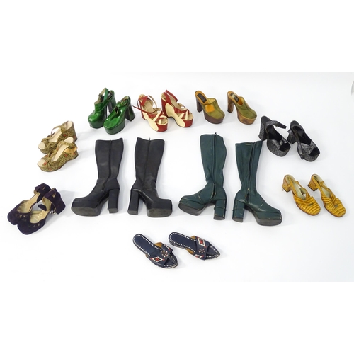 1397 - Vintage fashion / clothing: 10 pairs of 1970's ladies footwear comprising 2 pairs of platform boots ... 