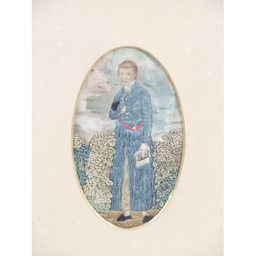 1413 - Needlework: An 18thC embroidery depicting a boy wearing a blue coat, in an oval mount with maple fra... 