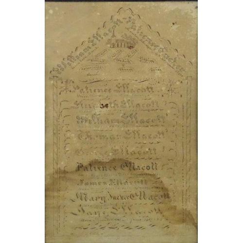 1415 - A 19thC framed hand written family record / birth / death record for the Ellacott Family. Decorated ... 