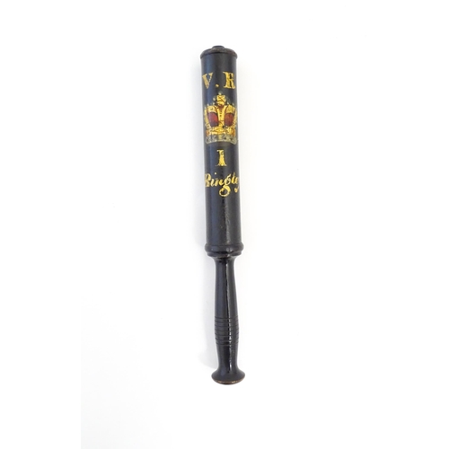 1213 - A Victorian turned wooden truncheon with painted decoration depicting a crown under the V.R cypher w... 