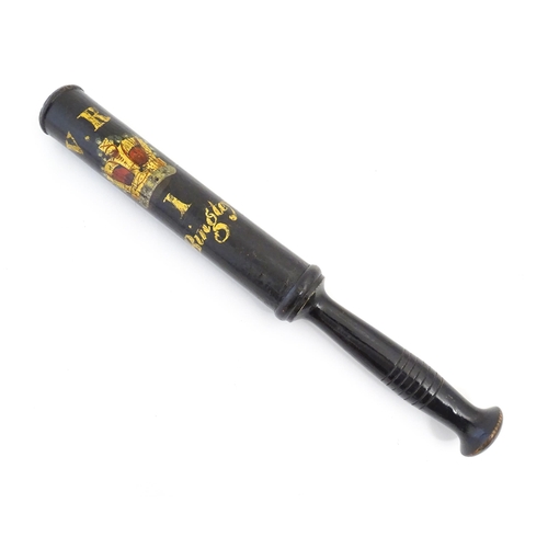 1213 - A Victorian turned wooden truncheon with painted decoration depicting a crown under the V.R cypher w... 