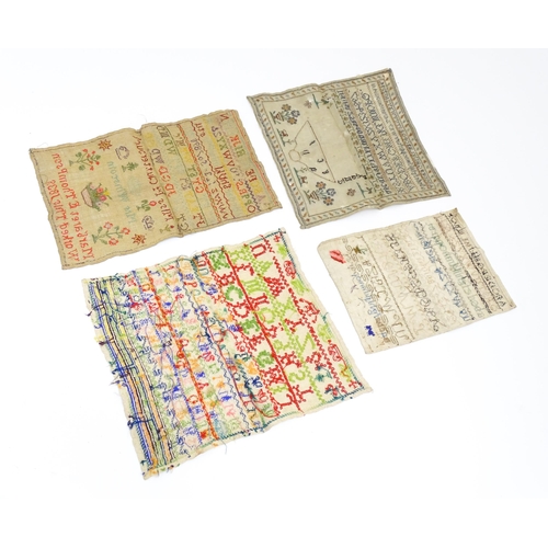 1416 - Four unframed 19thC and later needlework samplers, To include one with alphabet,  animals, flowers e... 