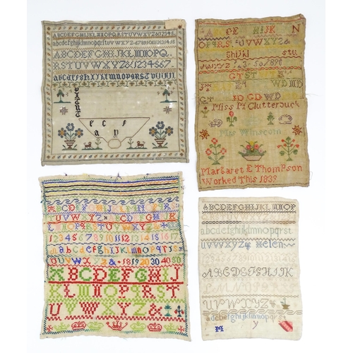 1416 - Four unframed 19thC and later needlework samplers, To include one with alphabet,  animals, flowers e... 