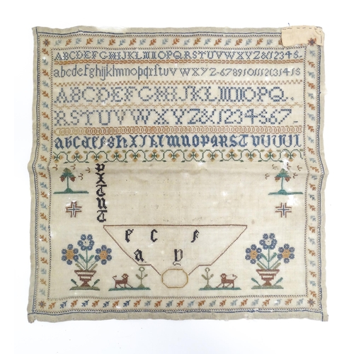 1416 - Four unframed 19thC and later needlework samplers, To include one with alphabet,  animals, flowers e... 