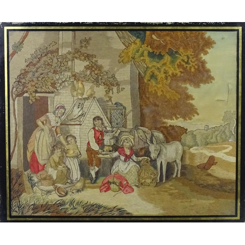 1423 - Needlework: An 18thC Georgian embroidery depicting a bucolic farmyard scene with mother and children... 