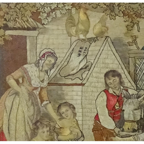 1423 - Needlework: An 18thC Georgian embroidery depicting a bucolic farmyard scene with mother and children... 