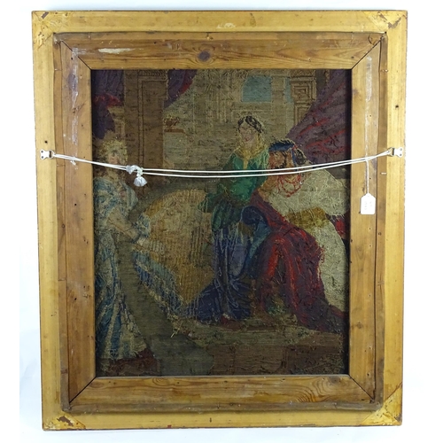 1425 - A 19thC religious woolwork / tapestry embroidery depicting David playing his harp for King Saul, aft... 