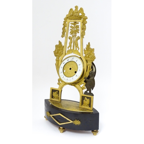 1541 - A 19thC empire style mantle clock with ormolu stylised lyre surround decorated with fruit and foliat... 