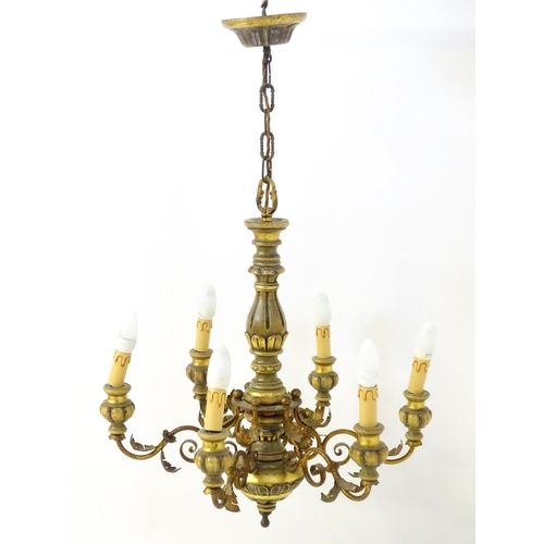 1560 - A six branch pendant electrolier / light fitting with acanthus and scroll detail. Approx. 30