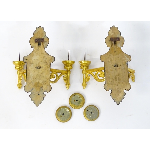 1571 - Two gilt wood wall sconces with pricket spikes. Approx 15 1/2