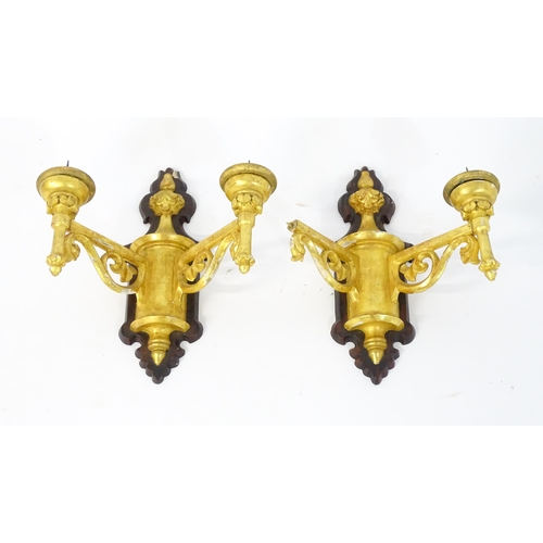 1571 - Two gilt wood wall sconces with pricket spikes. Approx 15 1/2