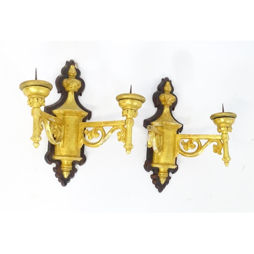 1571 - Two gilt wood wall sconces with pricket spikes. Approx 15 1/2