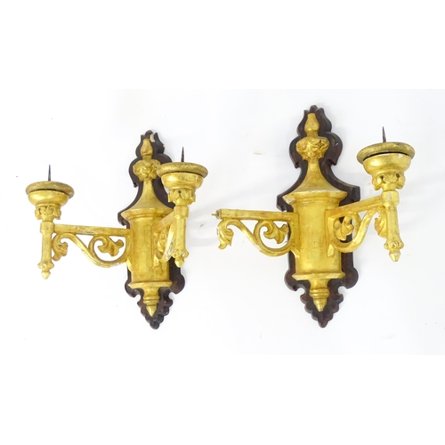 1571 - Two gilt wood wall sconces with pricket spikes. Approx 15 1/2