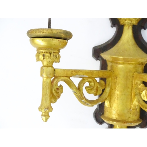 1571 - Two gilt wood wall sconces with pricket spikes. Approx 15 1/2