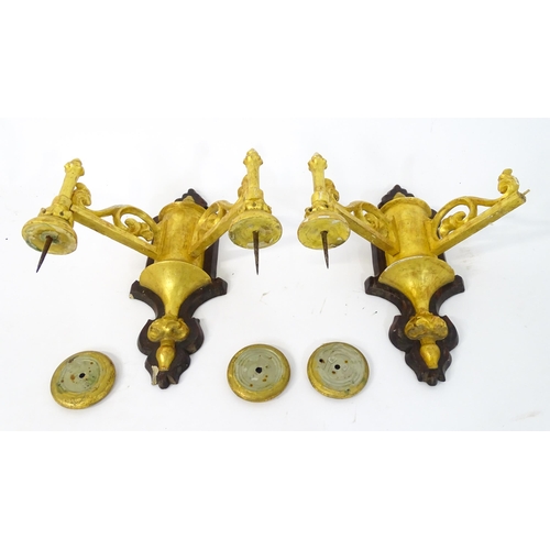 1571 - Two gilt wood wall sconces with pricket spikes. Approx 15 1/2