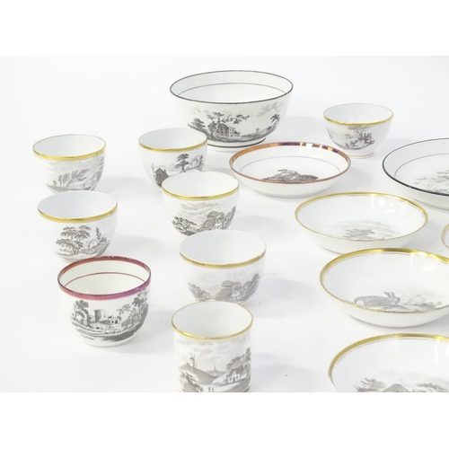 223 - A quantity of assorted bat ware / transfer printed cups, saucers, bowls, etc. decoration to include ... 