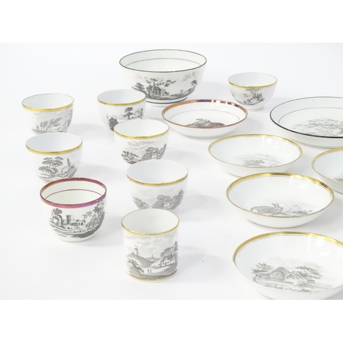 223 - A quantity of assorted bat ware / transfer printed cups, saucers, bowls, etc. decoration to include ... 