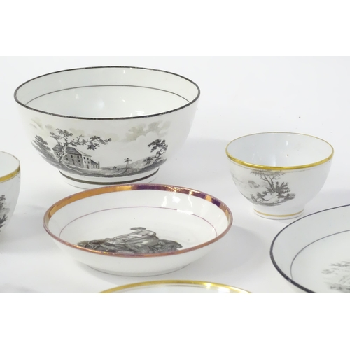 223 - A quantity of assorted bat ware / transfer printed cups, saucers, bowls, etc. decoration to include ... 