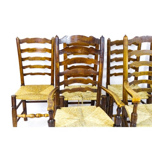 1716 - A group of six envelope seated ladderback chairs (4+2) raised on turned tapering front legs terminat... 