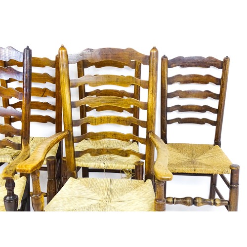 1716 - A group of six envelope seated ladderback chairs (4+2) raised on turned tapering front legs terminat... 