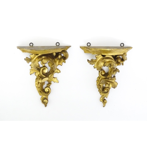 1310 - A pair of small Florentine giltwood wall brackets with carved scrolling acanthus detail. Approx. 6 3... 