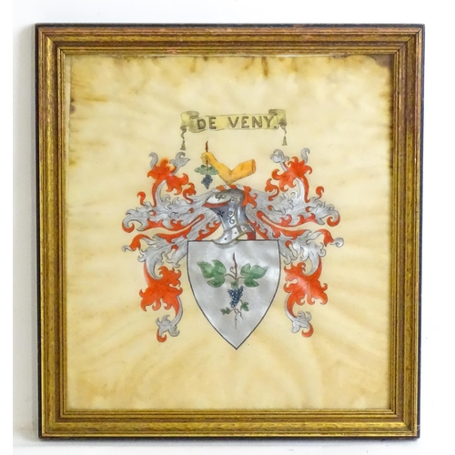 2203 - A late 19th / early 20thC painted armorial / heraldic coat of arms comprising a shield with fruiting... 