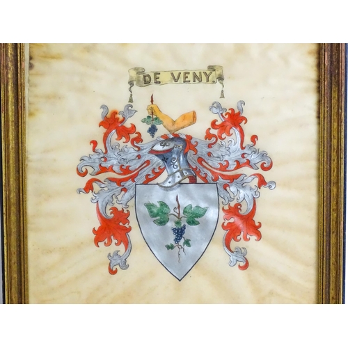 2203 - A late 19th / early 20thC painted armorial / heraldic coat of arms comprising a shield with fruiting... 