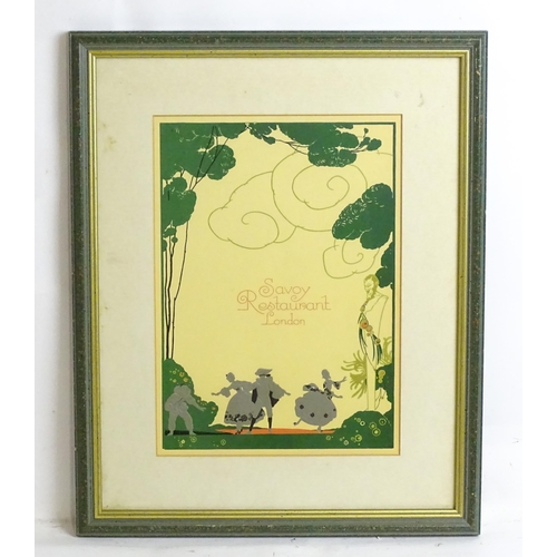 2206 - A 20thC Savoy Restaurant London menu cover, illustrated with a theatrical garden scene with Pierrot ... 