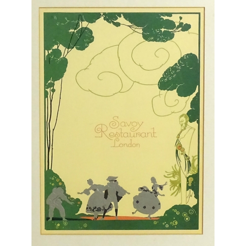 2206 - A 20thC Savoy Restaurant London menu cover, illustrated with a theatrical garden scene with Pierrot ... 