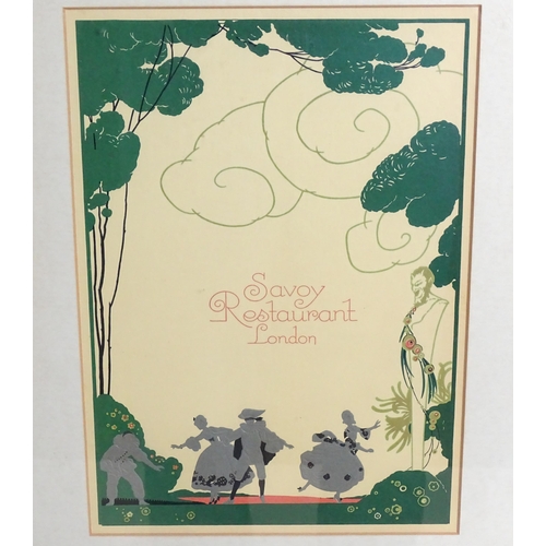 2206 - A 20thC Savoy Restaurant London menu cover, illustrated with a theatrical garden scene with Pierrot ... 