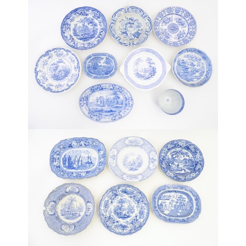 214 - A quantity of assorted blue and white plates, dishes, bowls, etc. Patterns to include Triumphal Car,... 