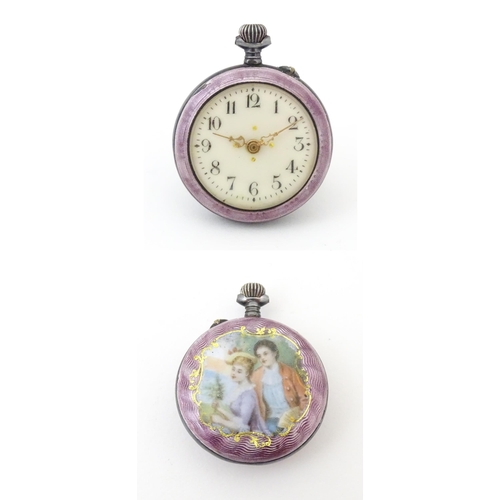 840 - A Continental white metal fob watch with purple guilloche enamel decoration and scene to reverse dep... 