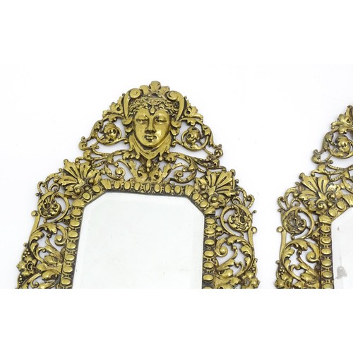 1637 - A pair of 20thC brass Girandoles with central bevelled mirror and three branch candle sconces. Appro... 