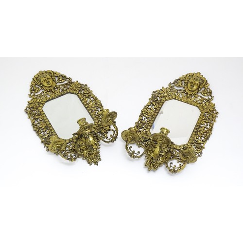 1637 - A pair of 20thC brass Girandoles with central bevelled mirror and three branch candle sconces. Appro... 