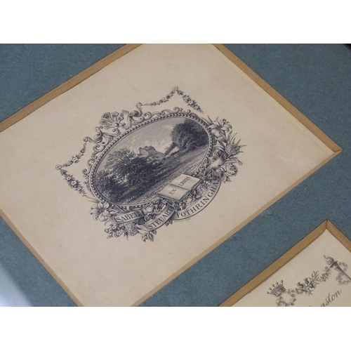 2200 - A quantity of early 20thC book plates etc. framed together, to include Sir Harold Reckett, Dorothy V... 