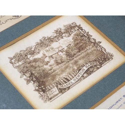 2200 - A quantity of early 20thC book plates etc. framed together, to include Sir Harold Reckett, Dorothy V... 