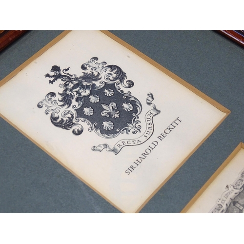 2200 - A quantity of early 20thC book plates etc. framed together, to include Sir Harold Reckett, Dorothy V... 