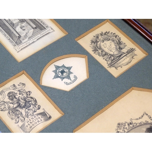 2200 - A quantity of early 20thC book plates etc. framed together, to include Sir Harold Reckett, Dorothy V... 