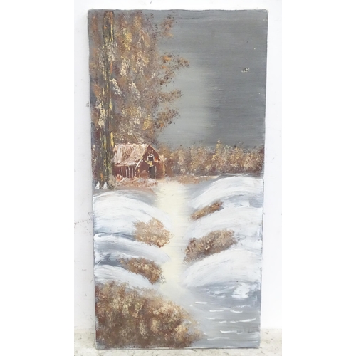 150 - A late 20thC oil on canvas depicting a winter landscape with a river and cottage, by Laura Herrlinge... 